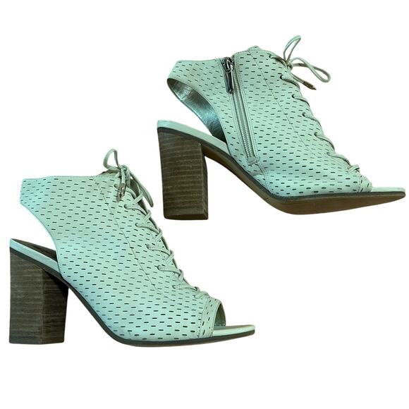 Sam Edelman Ennette Beige Leather Sandal Booties 7.5 Peep Toe Lace-Up Heels - Picture 1 of 9